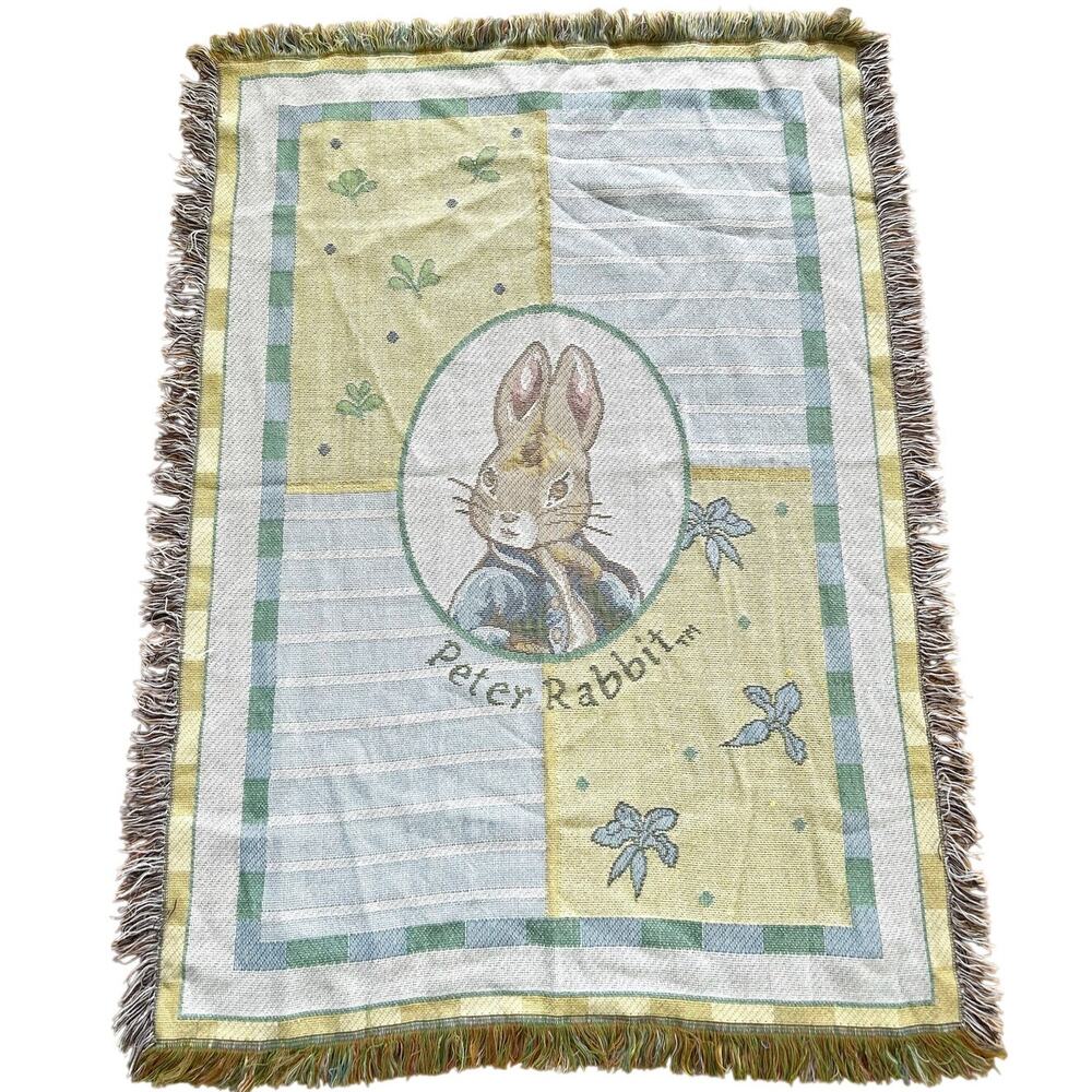Vintage Peter Rabbit Yellow & Blue Fringe Children's Baby Blanket 32.5x46